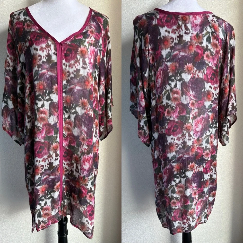 Johnny Was 3J Workshop Fuchsia Floral Gauzy Tunic Top S - Picture 2 of 6